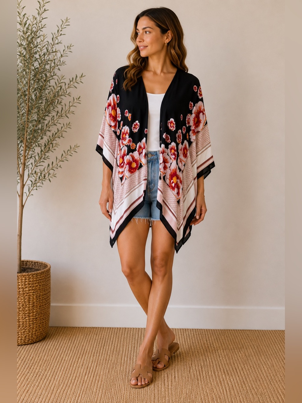 Steve Madden Black Kimono with Pink & Orange Floral Trim